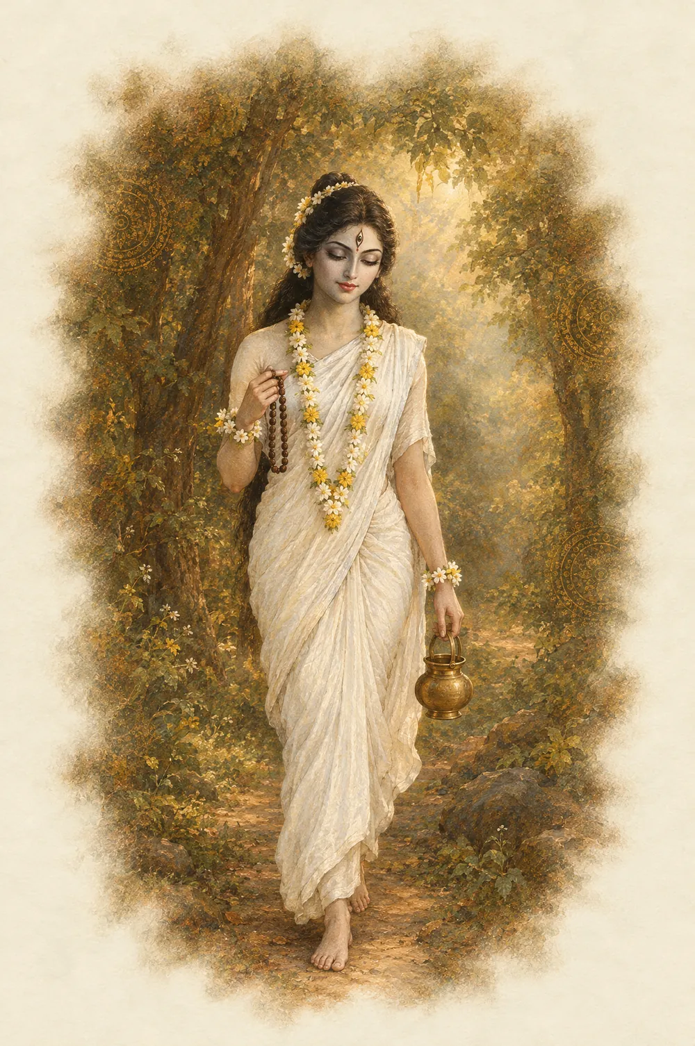Brahmacharini: walks barefoot, holds prayer beads and a water pot