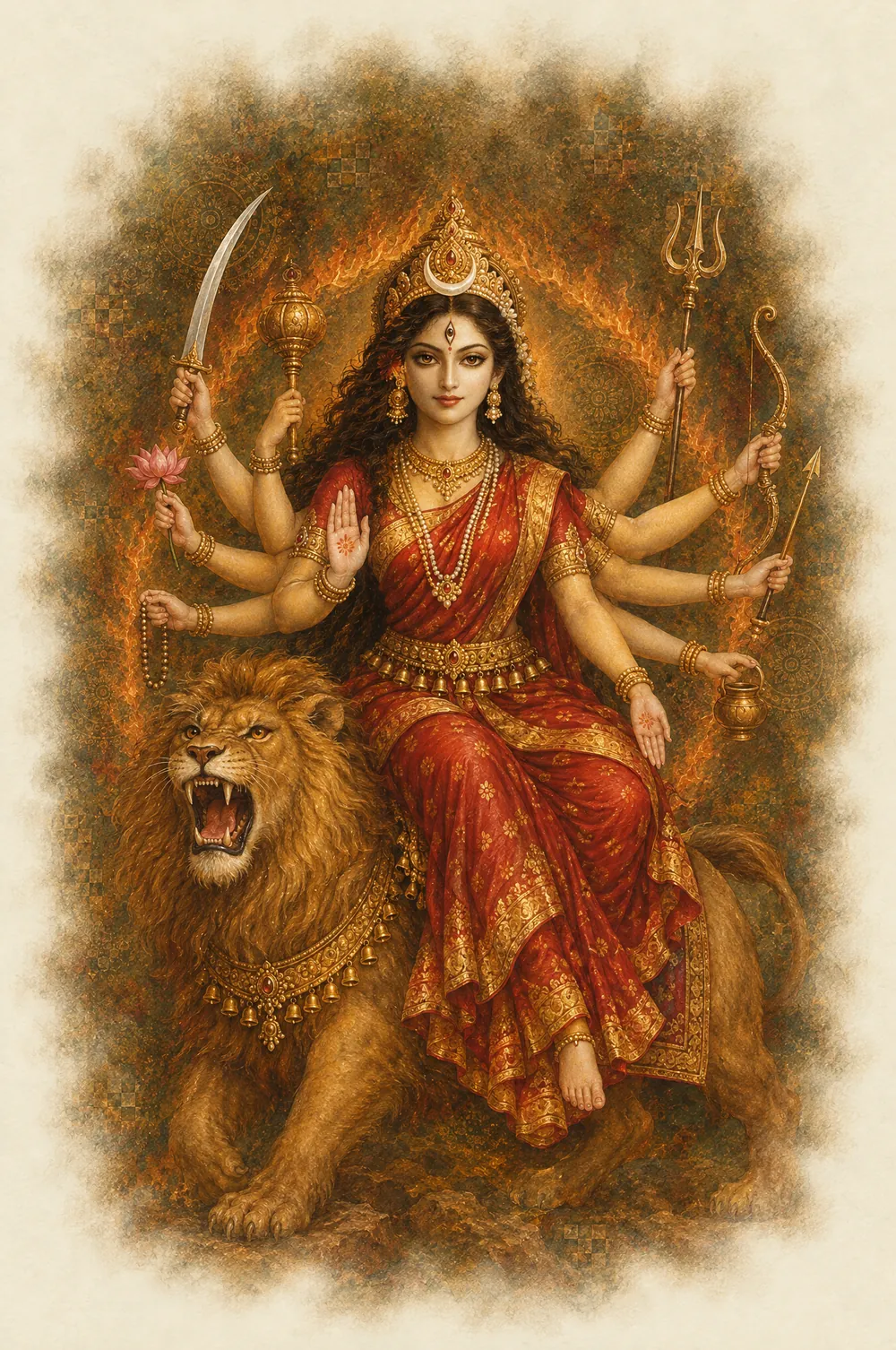 Chandraghanta: rides a lion, ten arms, a bell-shaped half-moon on her brow