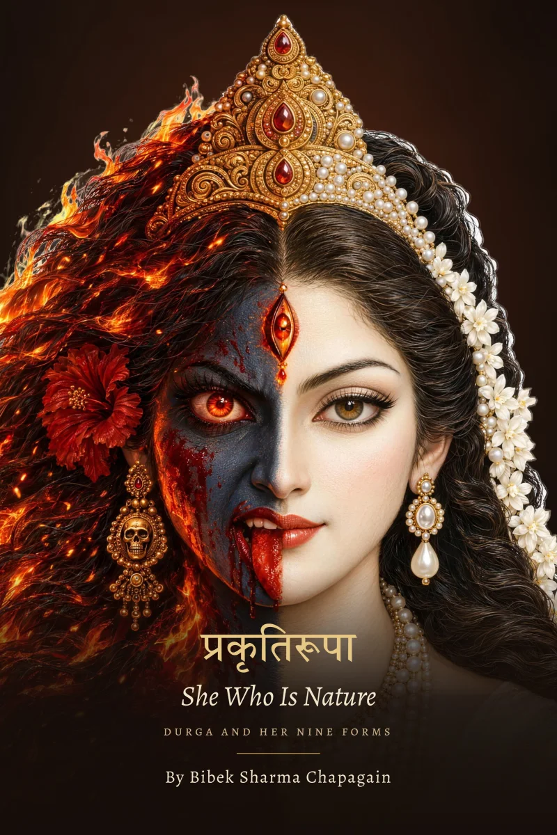 The cover of She Who Is Nature: half Kalaratri in fire, half Mahagauri in pearls and jasmine, with the title in gold