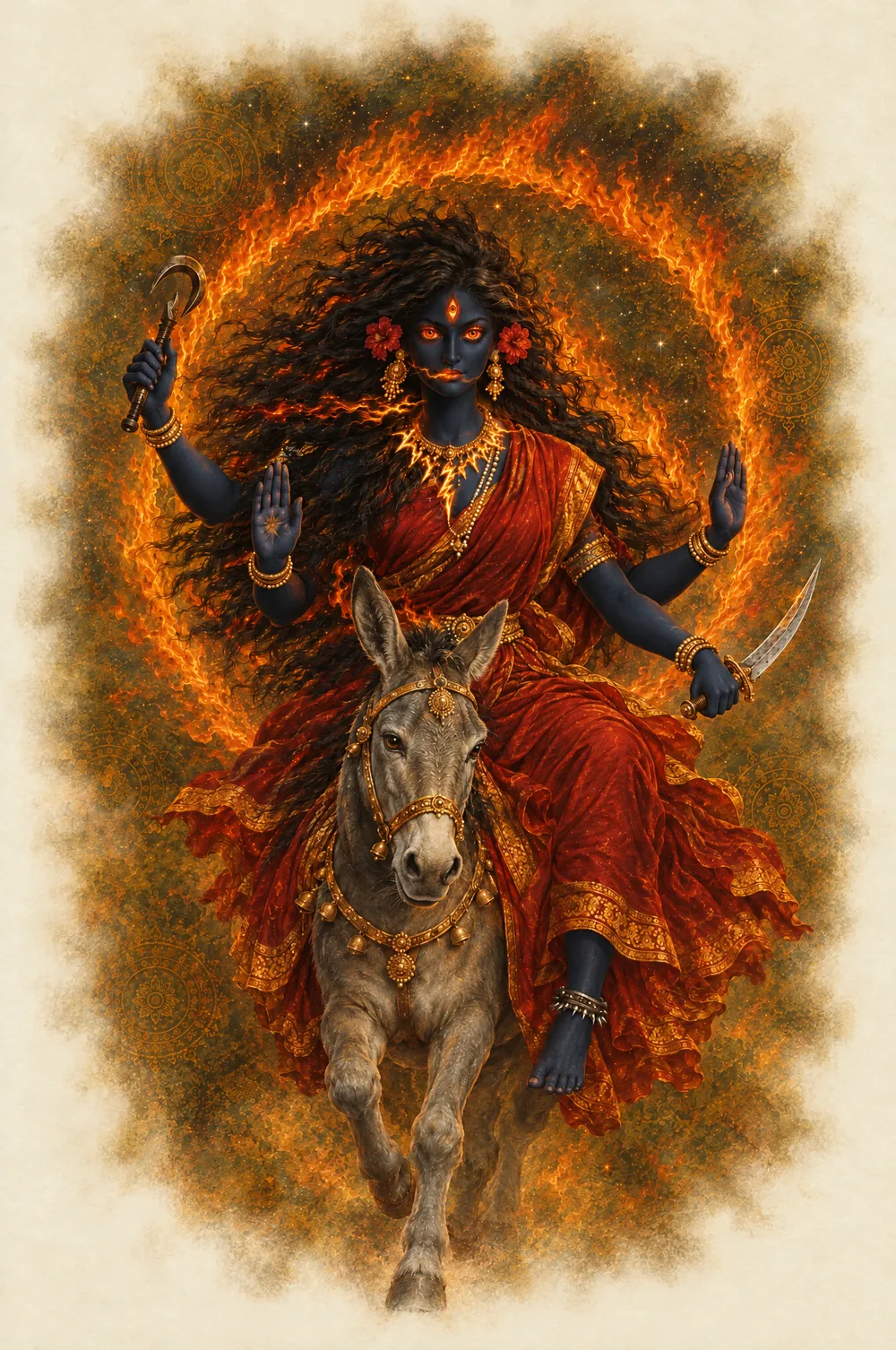 Kalaratri: rides a donkey, dark skin, wild hair, fire in her breath