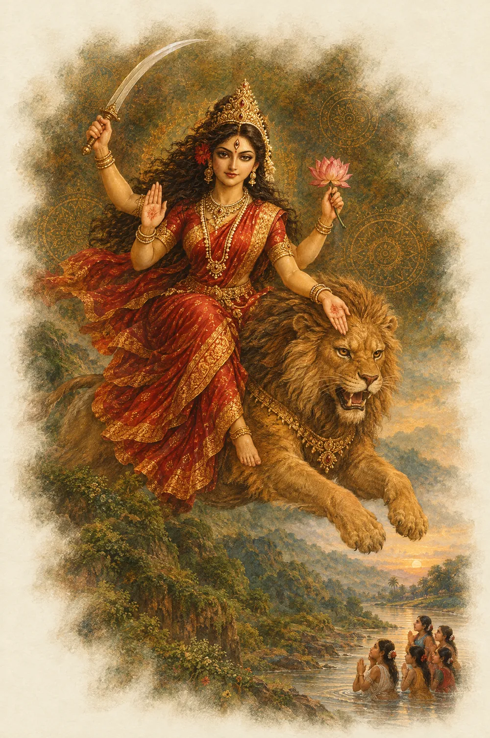 Katyayani: rides a lion, holds a crescent sword and a lotus