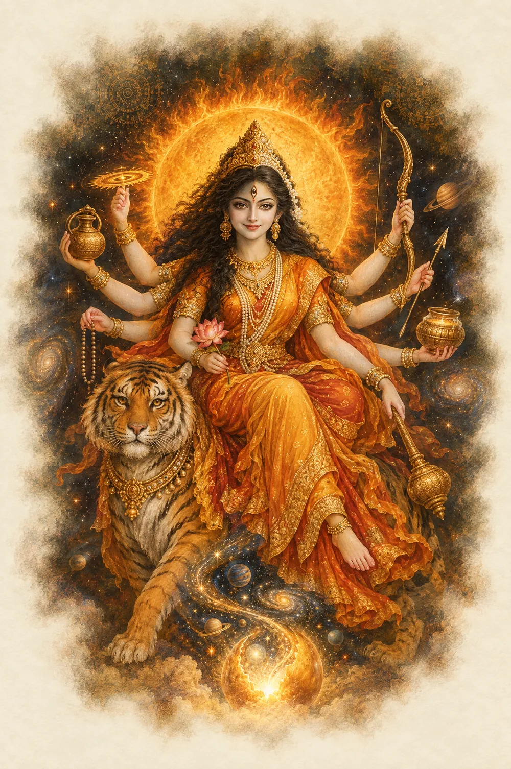 Kushmanda: rides a tiger, eight arms, lives at the heart of the sun