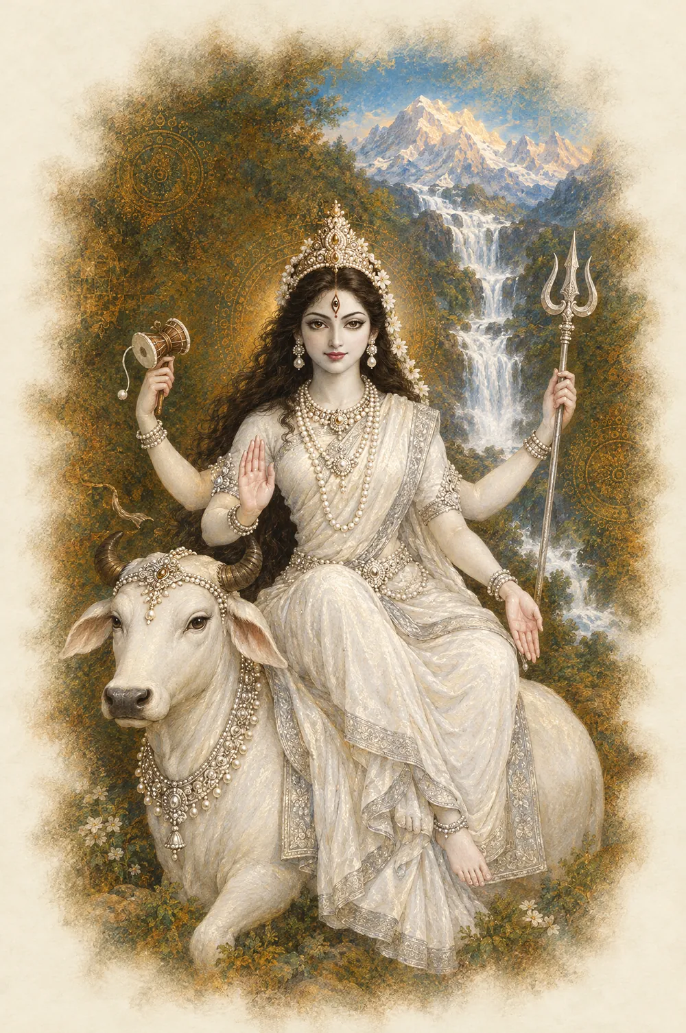 Mahagauri: rides a white bull, holds a trident and a small drum