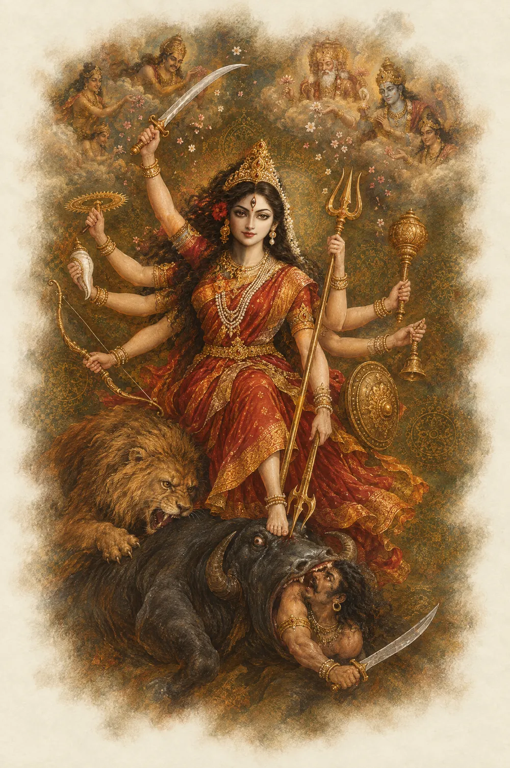 Durga stands on the buffalo demon and drives her trident into it as Mahishasura crawls out of its mouth, her lion biting its back, while flowers fall from the clouds