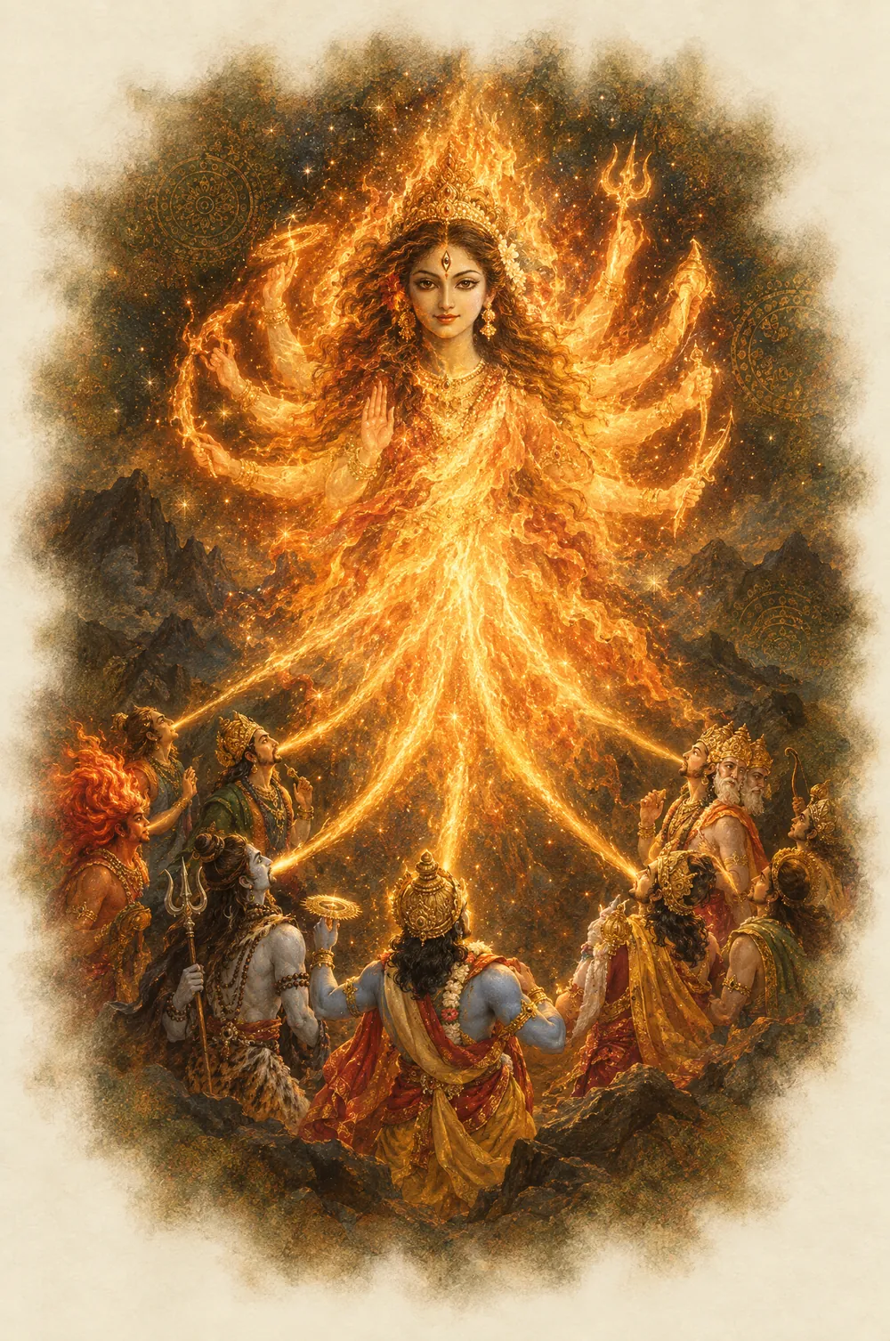 The gods stand in a circle on a dark mountain as streams of golden light pour from them and join into the many-armed, fiery form of Durga