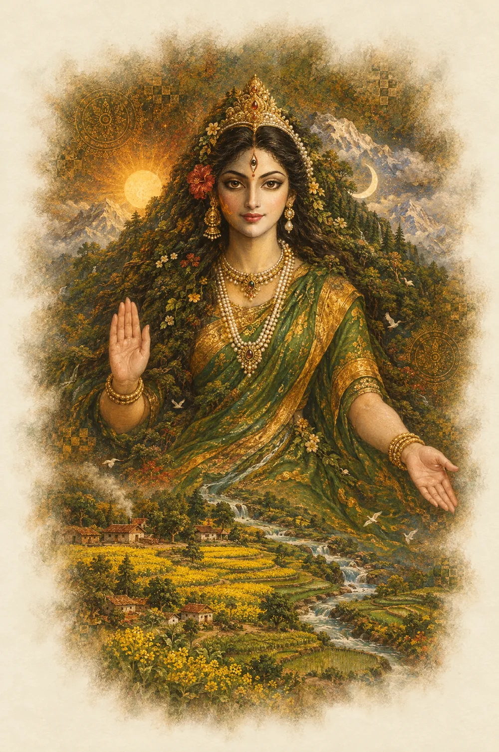 Durga as nature herself: her hair becomes a forested mountain, her sari flows into a river, and terraced mustard fields and a village lie at her feet