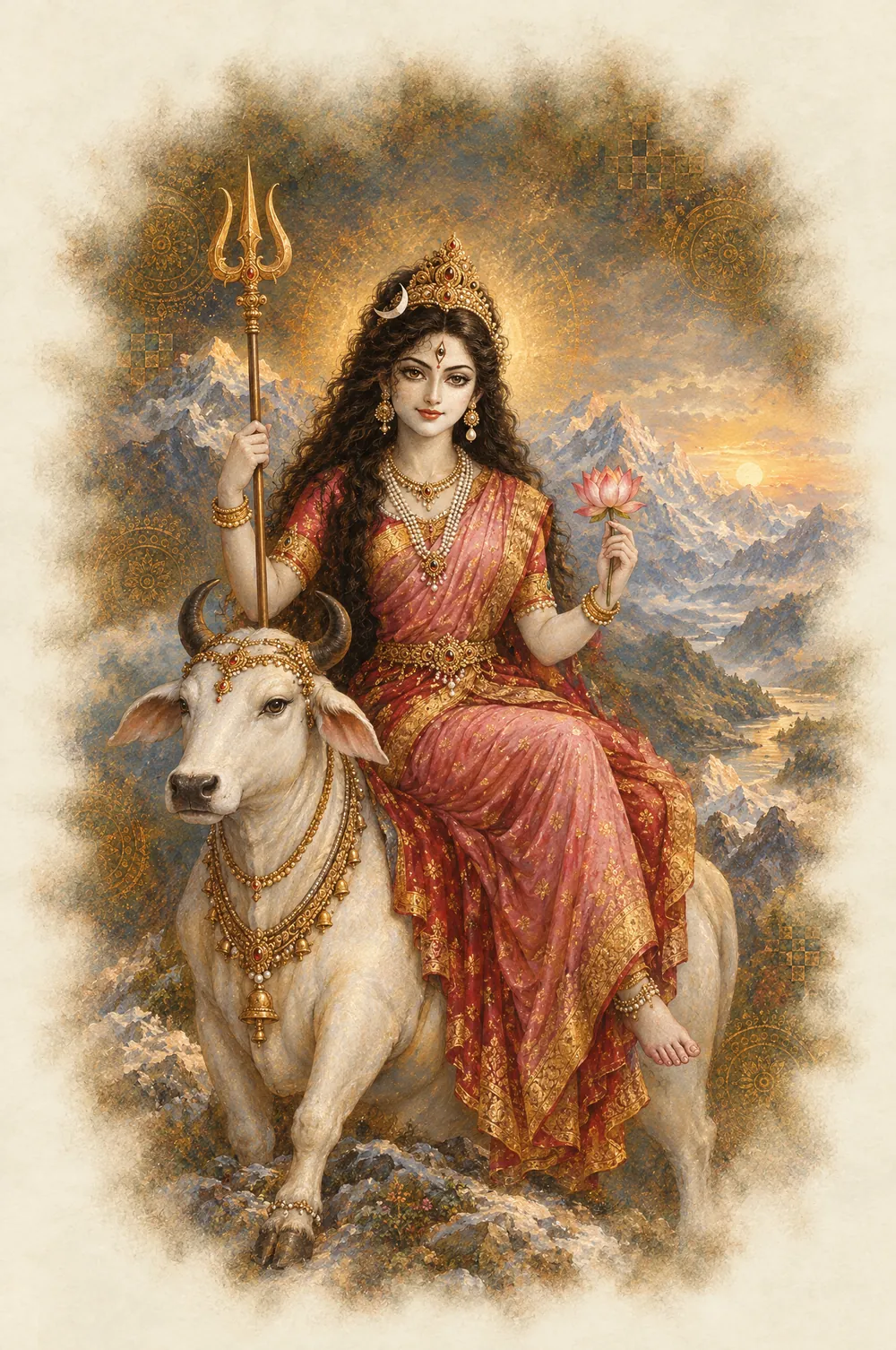 Shailaputri: rides a white bull, holds a trident and a lotus, a half-moon in her hair