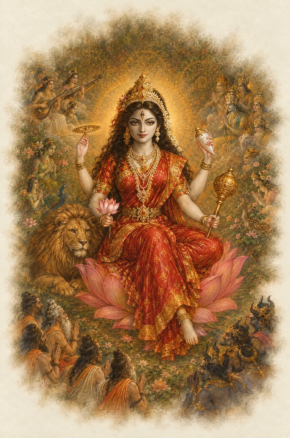 Siddhidatri: sits on a lotus, a lion beside her, holds a discus, conch, mace and lotus