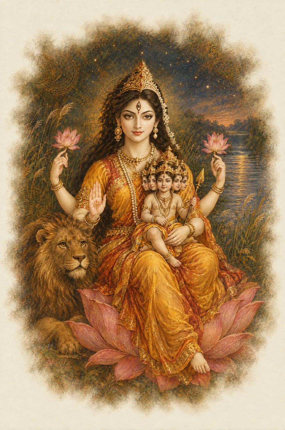 Skandamata: sits on a lotus, a lion resting beside her, holds baby skanda and two lotus flowers